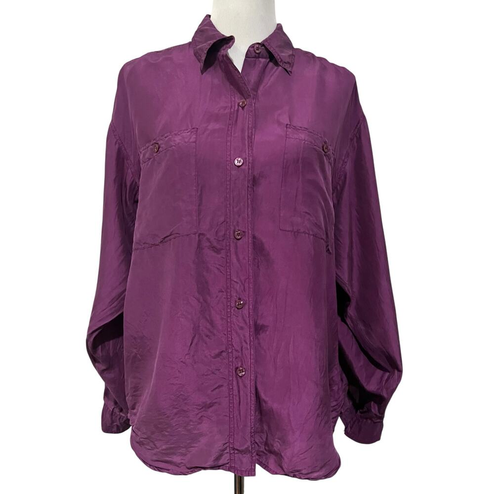 Vintage Silk Land Sport 100% Silk Blouse Quiet Luxury Purple Button Up Sz Medium
